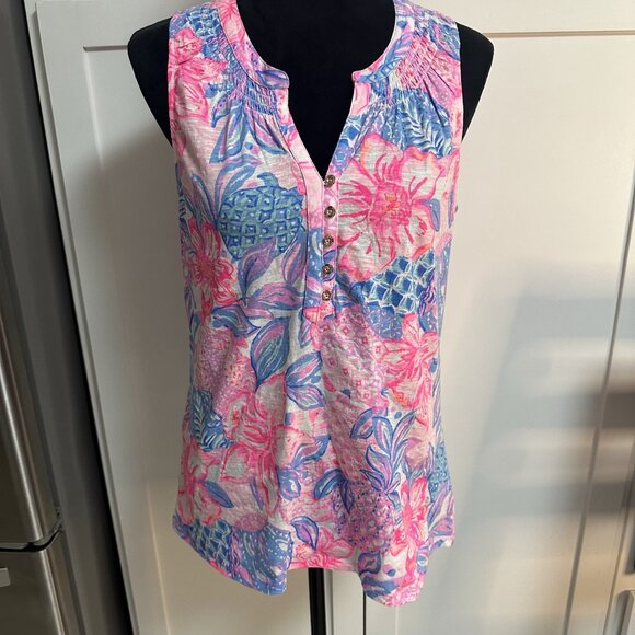 Lilly Pulitzer Pink Isle Snappy Turtle Essie Women's Top Size M Tropical - Picture 1 of 13
